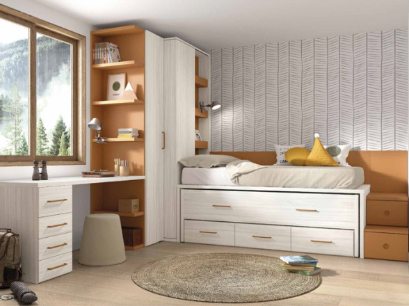 Dormitorio juvenil moderno con armario rincón - Muebles Valencia