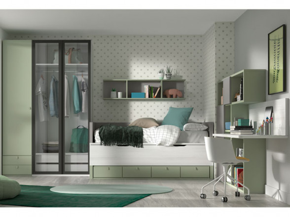 Habitación juvenil con cama compacta y armario en oferta