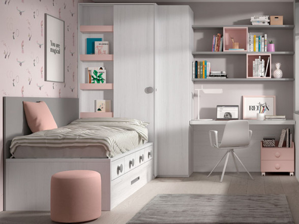 Dormitorio juvenil en oferta con cama compacta y armario para ropa