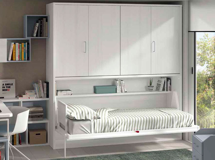 Dormitorio cama abatible superior, escritorio inferior, estantería y armario