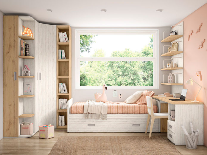 Dormitorio Juvenil con cama, armario tv, librería y escritorio