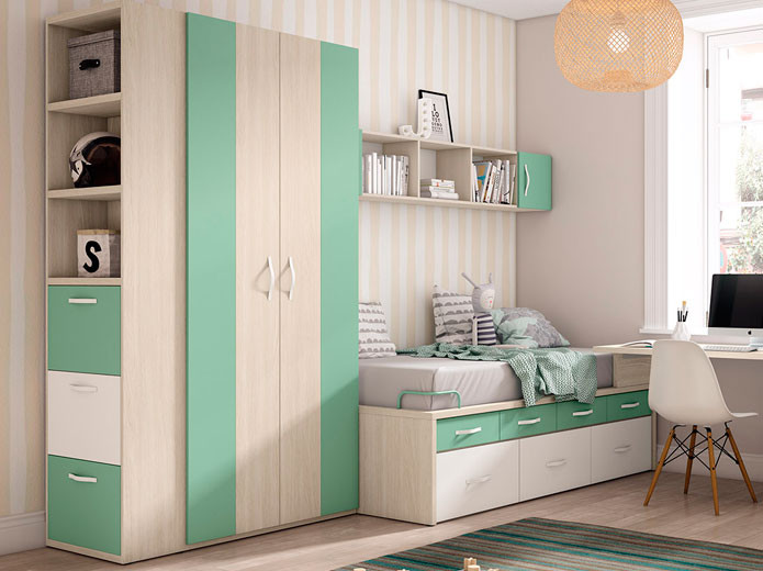 Armario juvenil en oferta  Muebles Valencia® Acabado A Fresno - Melamina  Base4 Acabado B Verde talco - Melamina Base4 Acabado C Blanco - Melamina  Base4