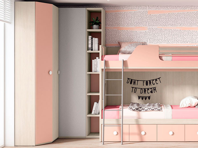 Armario esquinero barato para dormitorio juvenil | Muebles Valencia®  Acabado A Fresno - Melamina Base4 Acabado B Rosa pastel - Melamina Base4  Acabado