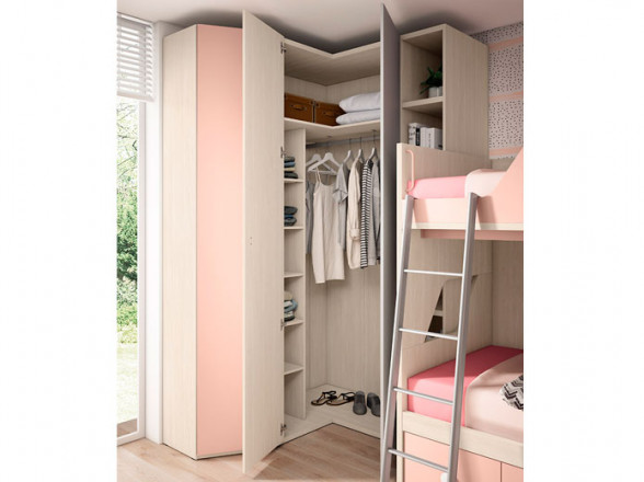 Armario esquinero barato para dormitorio juvenil | Muebles Valencia®  Acabado A Fresno - Melamina Base4 Acabado B Rosa pastel - Melamina Base4  Acabado