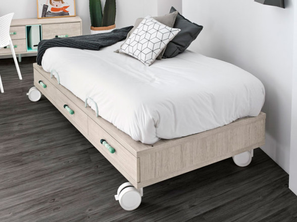 Cama compacta con ruedas y cajones