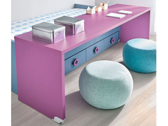 Cama juvenil con escritorio desplazable  Muebles Valencia® Acabado A  Serenity - Unicolor Sonrie Acabado B Violeta - Unicolor Sonrie