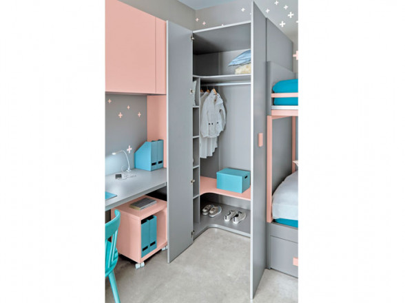 Dormitorio juvenil con litera, armario y escritorio