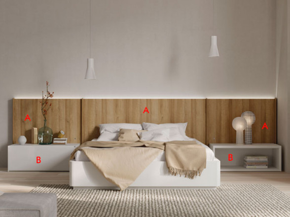 Dormitorio moderno con cabezal y mesitas en Madrid