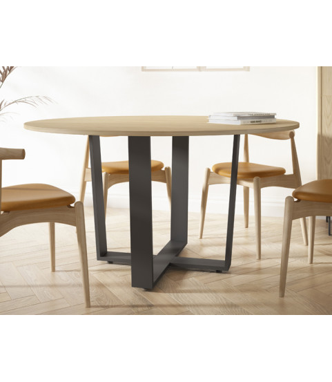 Mesa fija con tapa circular de madera y patas metálicas