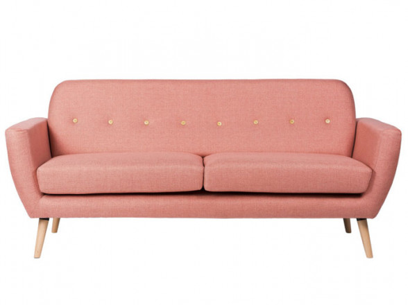 Sofá vintage rosa con patas de madera