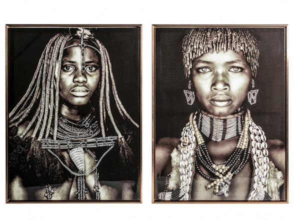 Pareja de pinturas africanas enmarcadas de Burkina