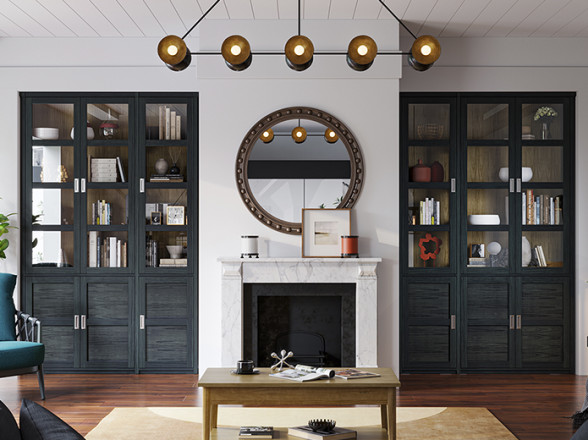 Librería con puertas de madera y cristal