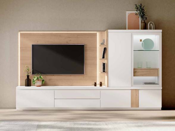 mueble de salón con panel tv