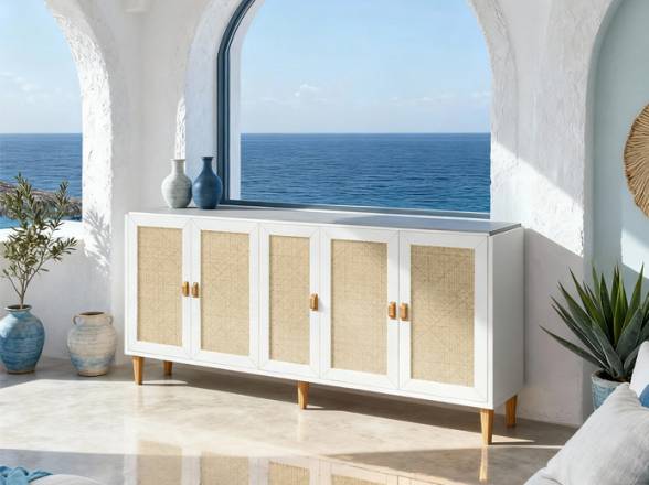 Aparador blanco con puertas ratán Hogladih - Tienda de muebles en Madrid