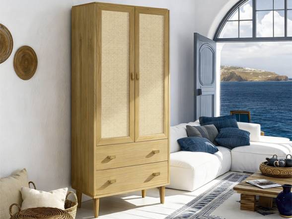 Aparador alto con puertas y cajones madera y ratán