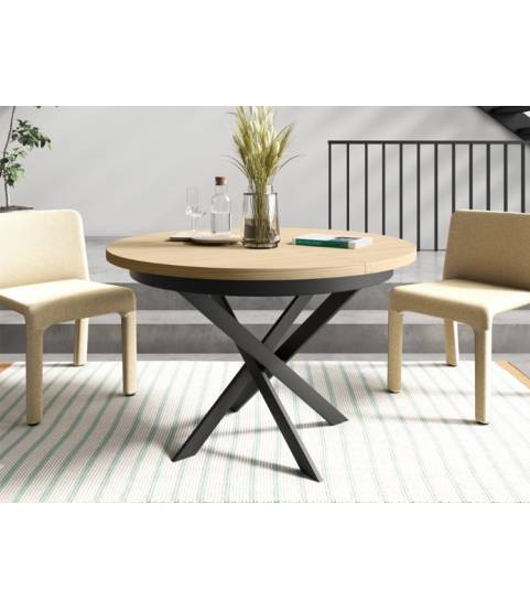 Mesa redonda extensible con patas metálicas cruzadas