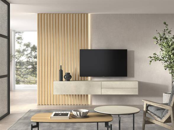 Mueble tv suspendido con panel alistonado B027