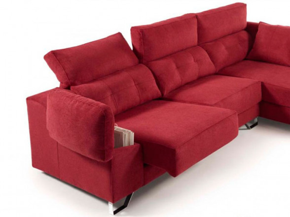 Sofá chaiselongue con brazo elevable y arcón